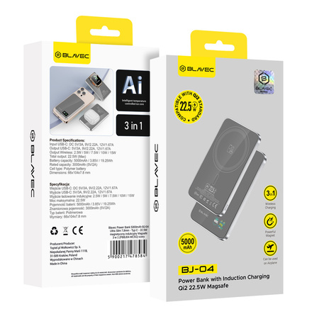 Blavec Magnetische Powerbank fürs Telefon BJ-04 5000 mAh 22,5W 3in1 kompatibel mit MagSafe USB-C - Grau