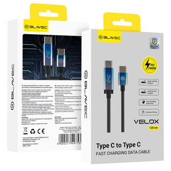 Blavec Velox Kabel geflochten - Typ C auf Typ C - PD 240W 5A LED-Display 1,2 Meter Apple CarPlay/Android Auto (CVE-CC5B12) schwarz