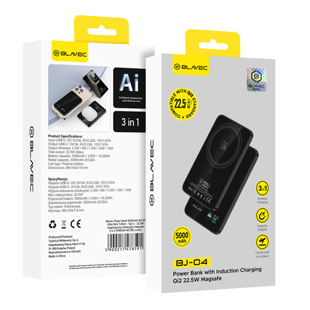 Blavec Power Bank 5000mAh BJ-04 Ultra Slim 7,8mm - Typ C - 22,5W magnetyczny indukcyjny Magsafe 3 w 1 (PBBJ04-MC5B) czarny