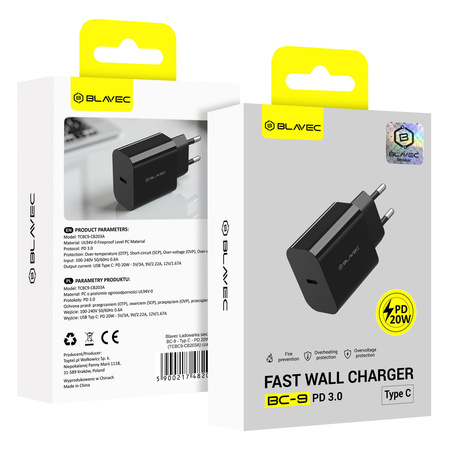 Blavec Ładowarka Sieciowa BC-9 USB-C PD 20W 3A - Czarna