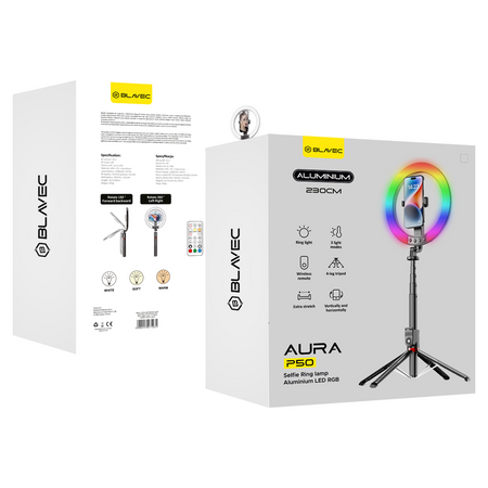 Blavec Lampa pierścieniowa Selfie Aluminium Aura LED RGB Ring P-50 25cm tripod + pilot + 2,3 metra (RLP50-TRB23) czarny