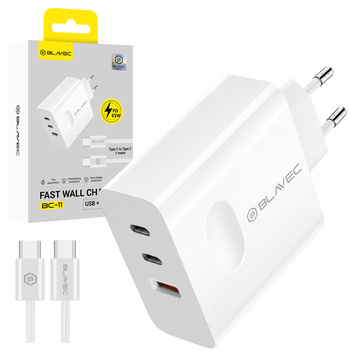 Blavec Netzladegerät BC-11 GaN USB + 2xUSB-C QC PD 65W 3A mit USB-C auf USB-C Kabel - Weiß