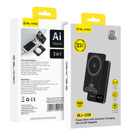Blavec Magnetische Powerbank fürs Telefon BJ-03 5000 mAh 22,5W 3in1 kompatibel mit MagSafe USB-C - Schwarz Aluminium