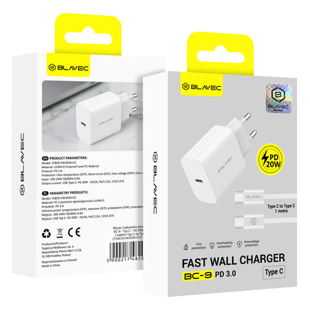 Blavec Netzladegerät BC-9 USB-C PD 20W 3A mit USB-C-Kabel - Weiß