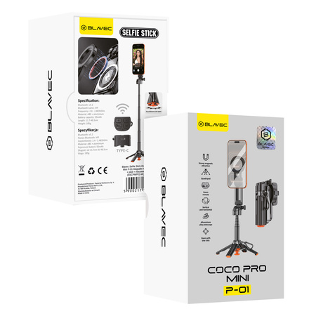 Blavec Selfie Stick Aluminium Coco PRO Mini P-01 MagSafe Auto Pop Quadripod + Pilot + Mocowanie 0,48 m - Czarny