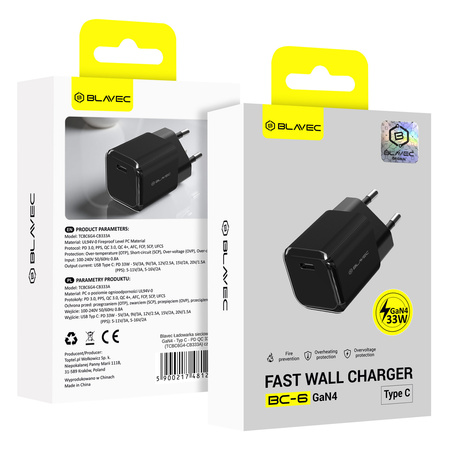 Blavec Ładowarka Sieciowa BC-6 GaN4 USB-C PD QC 33W 3A - Czarna