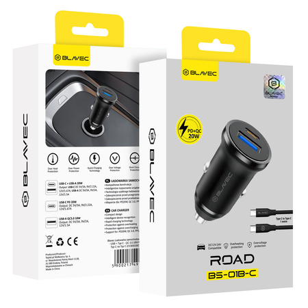 Blavec Autoladegerät BS-01B-C Road - USB + Typ C - QC 3.0 18W PD 20W mit Kabel Typ C auf Typ C (CCBS01BCR-UCB) schwarz
