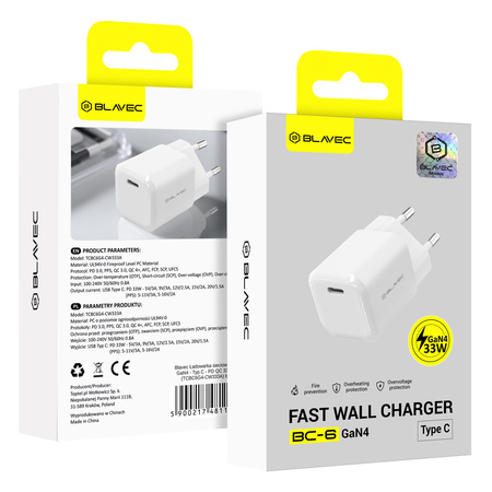 Blavec Ładowarka Sieciowa BC-6 GaN4 USB-C PD QC 33W 3A - Biała