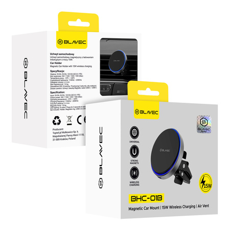 Blavec Autohalterung fürs Telefon BHC-01B 15W Magnetisch mit induktivem Laden fürs Lüftungsgitter - Schwarz