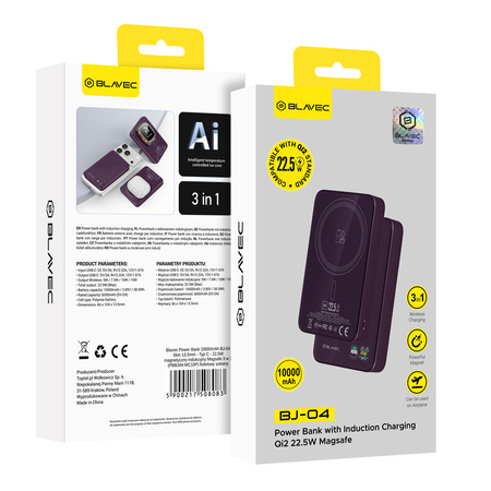 Blavec Powerbank 10000mAh BJ-04 Slim 13,5mm – USB-C, 22,5W, magnetisch und kabellos, MagSafe, 3in1 (PBBJ04-MC10P), Violett, Glas