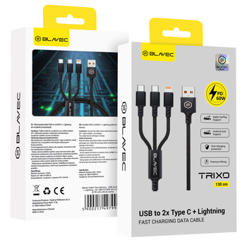 Blavec Kabel Trixo Pleciony USB na 2xUSB-C + Lightning QC 18W PD 60W 3A 1,3 m - Czarny