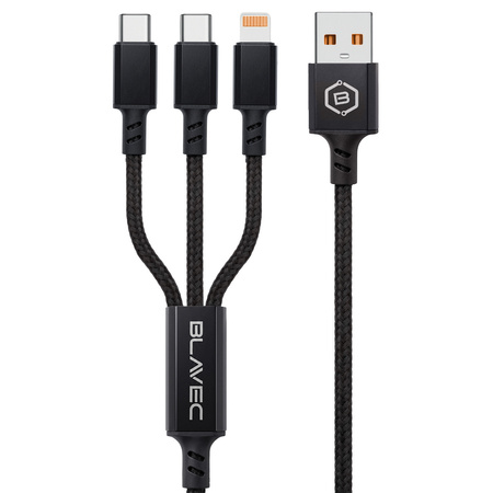 Blavec Kabel Trixo Pleciony USB na 2xUSB-C + Lightning QC 18W PD 60W 3A 1,3 m - Czarny