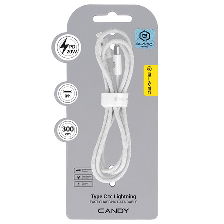 Blavec Candy kabel w oplocie - Typ C na Lightning - PD 20W 2,4A 3 metry (CCA-CL24W30) biały