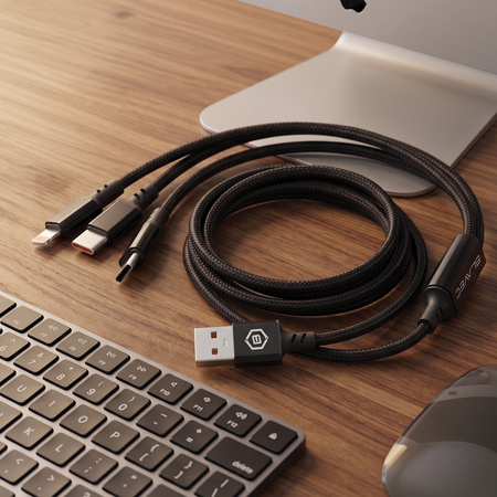 Blavec Kabel Trixo Pleciony USB na 2xUSB-C + Lightning QC 18W PD 60W 3A 1,3 m - Czarny