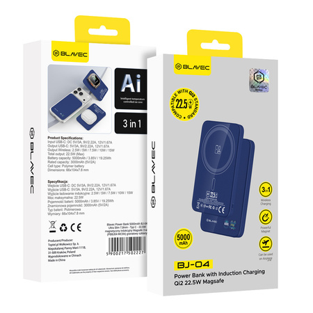 Blavec Magnetische Powerbank fürs Telefon BJ-04 5000 mAh 22,5W 3in1 kompatibel mit MagSafe USB-C - Marineblau Glas