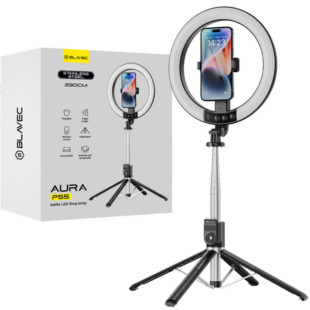 Blavec Ringlicht LED P-55 Aura 25 cm Selfie mit Tripod und Fernbedienung - Schwarz