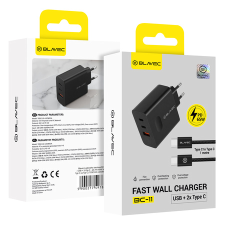 Blavec Ładowarka Sieciowa BC-11 GaN USB + 2xUSB-C QC PD 65W 3A z Kablem USB-C na USB-C - Czarna