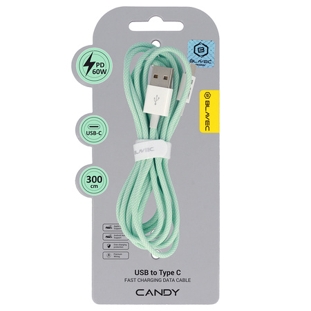 Blavec Candy kabel w oplocie - USB na Typ C - PD 60W 3A 3 metry (CCA-UC3GN30) zielony