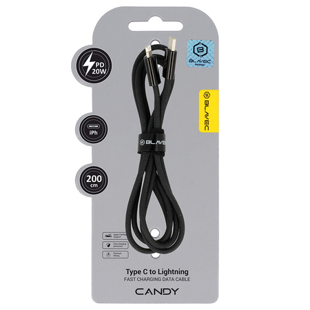 Blavec Candy kabel w oplocie - Typ C na Lightning - PD 20W 2,4A 2 metry (CCA-CL24B20) czarny