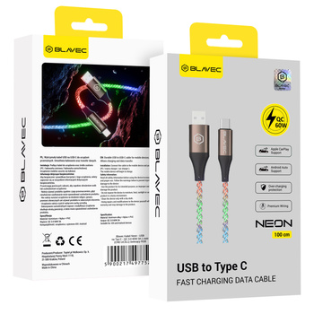 Blavec Kabel Neon USB auf USB-C QC 3.0 60W 3A 1 m Leuchtend RGB