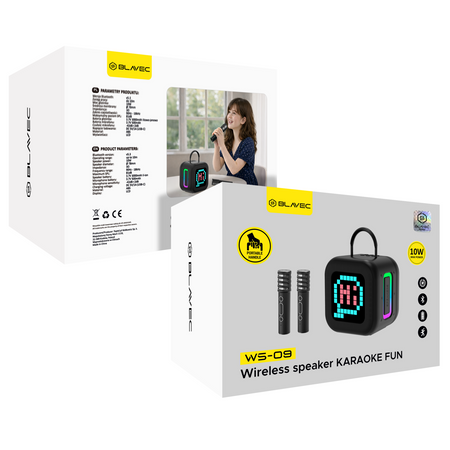 Blavec Głośnik Bezprzewodowy Bluetooth WS-09 Karaoke Fun 10W z 2 Mikrofonami i Wyświetlaczem - Czarny