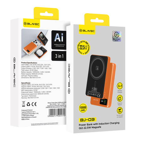 Blavec Magnetische Powerbank fürs Telefon BJ-03 10000 mAh 22,5W 3in1 kompatibel mit MagSafe USB-C - Orange Aluminium