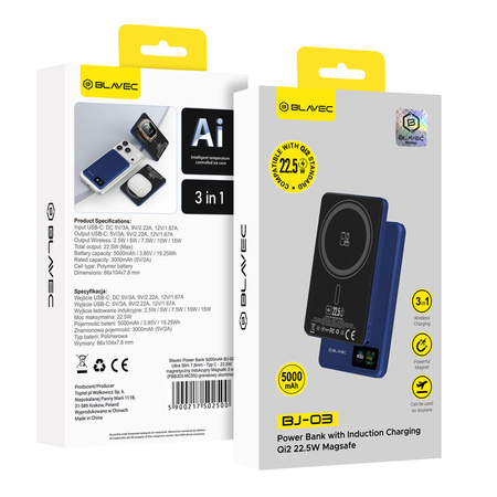 Blavec Magnetische Powerbank fürs Telefon BJ-03 5000 mAh 22,5W 3in1 kompatibel mit MagSafe USB-C - Marineblau Aluminium
