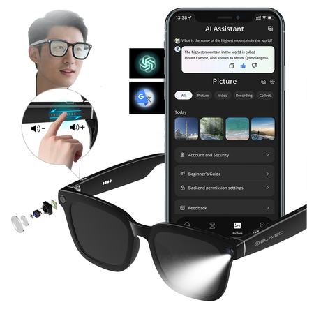 Intelligente KI-Brille mit Kamera, ChatGPT, Mikrofon und Live-Übersetzung + Etui