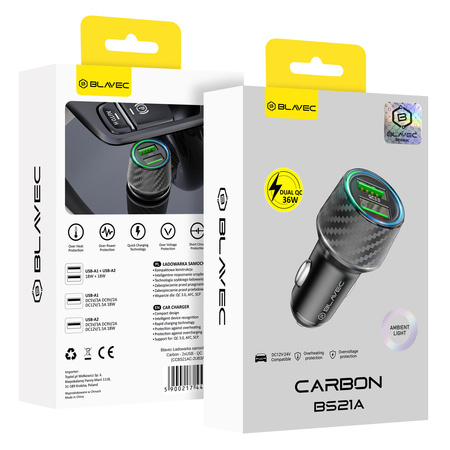 Blavec Auto-Ladegerät BS21A Carbon 2xUSB QC 3.0 36W 3A