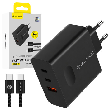 Blavec Ładowarka Sieciowa BC-11 GaN USB + 2xUSB-C QC PD 65W 3A z Kablem USB-C na USB-C - Czarna
