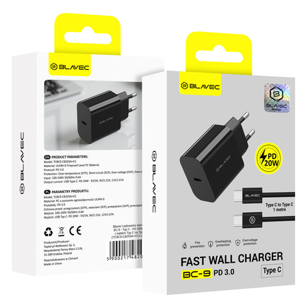 Blavec Netzladegerät BC-9 USB-C PD 20W 3A mit USB-C-Kabel - Schwarz