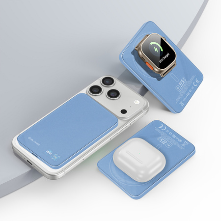Blavec Power Bank 5000mAh BJ-04 Ultra Slim 7,8mm - Typ C - 22,5W magnetyczny indukcyjny Magsafe 3 w 1 (PBBJ04-MC5LB) jasnoniebieski szklany