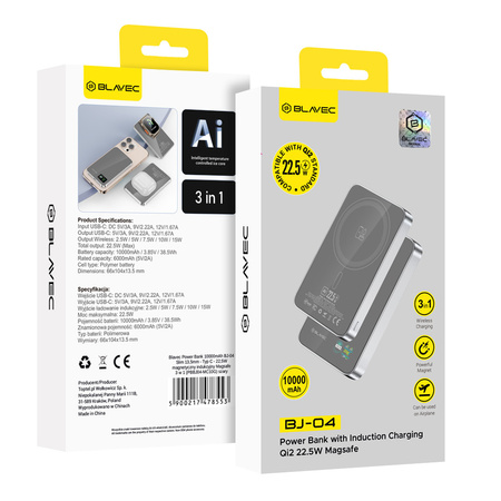 Blavec Power Bank 10000mAh BJ-04 Slim 13,5mm - Typ C - 22,5W magnetyczny indukcyjny Magsafe 3 w 1 (PBBJ04-MC10G) szary