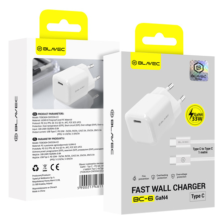 Blavec Netzladegerät BC-6 GaN4 USB-C PD QC 33W 3A mit USB-C-Kabel - Weiß