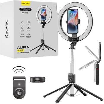 Blavec Lampa Pierścieniowa LED P-55 Aura 25 cm Selfie z Tripodem i Pilotem - Czarny