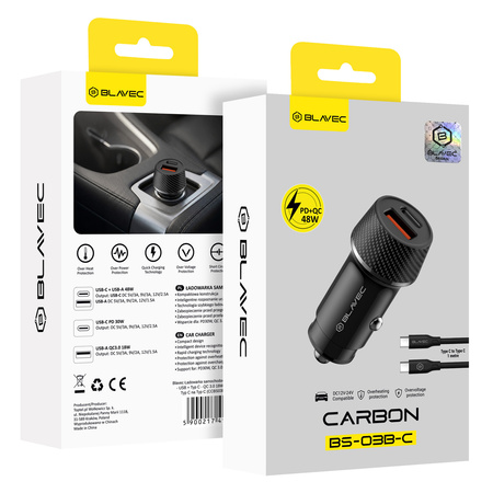 Blavec Autoladegerät BS-03B-C Carbon - USB + Typ C - QC 3.0 48W mit Kabel Typ C auf Typ C (CCBS03BC-UCB) schwarz