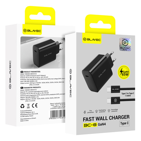 Blavec Netzladegerät BC-8 GaN4 USB-C PD QC 65W 3A mit USB-C-Kabel - Schwarz