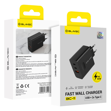 Blavec Ładowarka Sieciowa BC-11 GaN USB + 2xUSB-C QC PD 65W 3A - Czarna