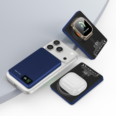 Blavec Magnetische Powerbank fürs Telefon BJ-03 10000 mAh 22,5W 3in1 kompatibel mit MagSafe USB-C - Marineblau Aluminium