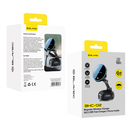 Blavec Autohalterung fürs Telefon BHC-02 Qi2.2 25W Vakuum Magnetisch mit induktivem Laden für die Scheibe - Schwarz