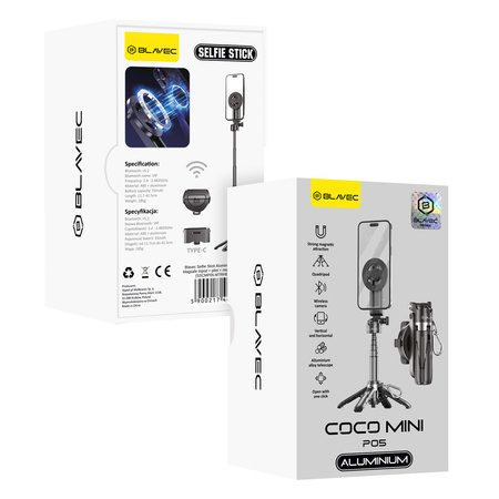 Blavec Selfie-Stick Aluminium Coco Mini P05 kompatibel mit MagSafe Tripod + Fernbedienung + Befestigung 0,41 m - Schwarz