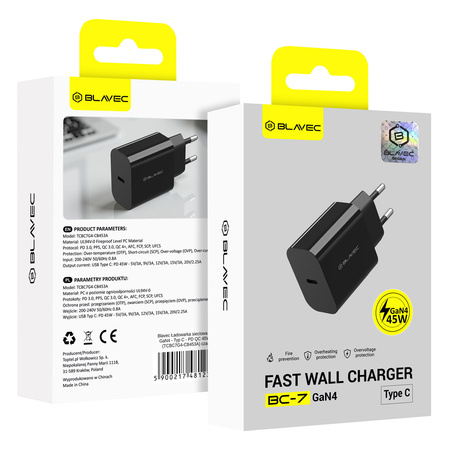 Blavec Netzladegerät BC-7 GaN4 USB-C PD QC 45W 3A - Schwarz