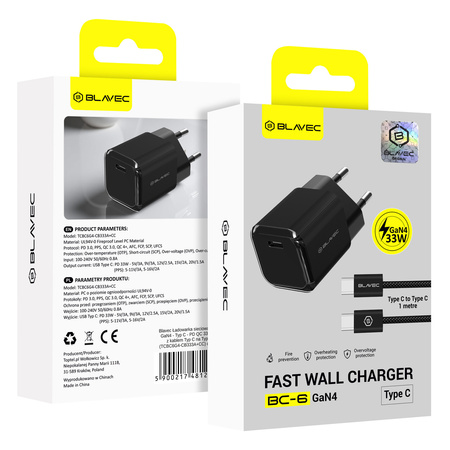 Blavec Netzladegerät BC-6 GaN4 USB-C PD QC 33W 3A mit USB-C-Kabel - Schwarz