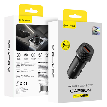Blavec Ładowarka samochodowa BS-03B Carbon - USB + Typ C -  QC 3.0 48W (CCBS03BC-UCB) czarna