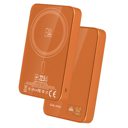 Blavec Magnetische Powerbank fürs Telefon BJ-04 10000 mAh 22,5W 3in1 kompatibel mit MagSafe USB-C - Orange Glas