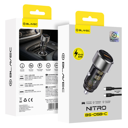 Blavec Autoladegerät BS-05B-C Nitro - USB + Typ C - QC 3.0 83W mit Kabel Typ C auf Typ C (CCBS05BCN-UCB) schwarz