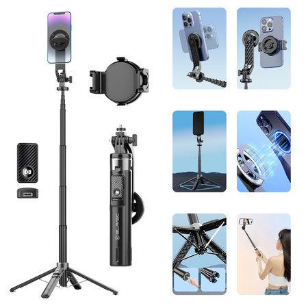 Blavec Selfie-Stick Aluminium Fusion P06 kompatibel mit MagSafe Tripod + Fernbedienung + Befestigung 1,34 m - Schwarz