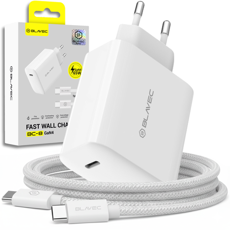 Blavec Ładowarka sieciowa BC-8 GaN4 - Typ C - PD QC 65W 3A z kablem Typ C na Typ C (TCBC8G4-CW653A+CC) biała