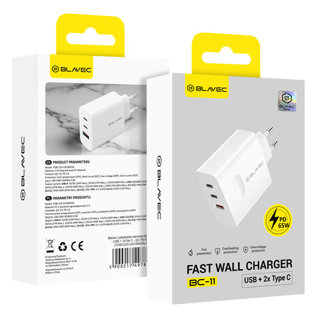Blavec Ładowarka Sieciowa BC-11 GaN USB + 2xUSB-C QC PD 65W 3A - Biała