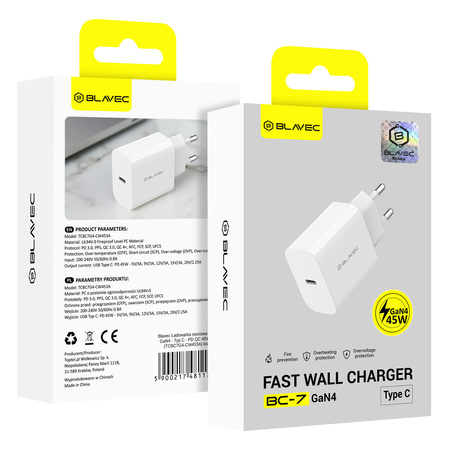 Blavec Netzladegerät BC-7 GaN4 USB-C PD QC 45W 3A - Weiß